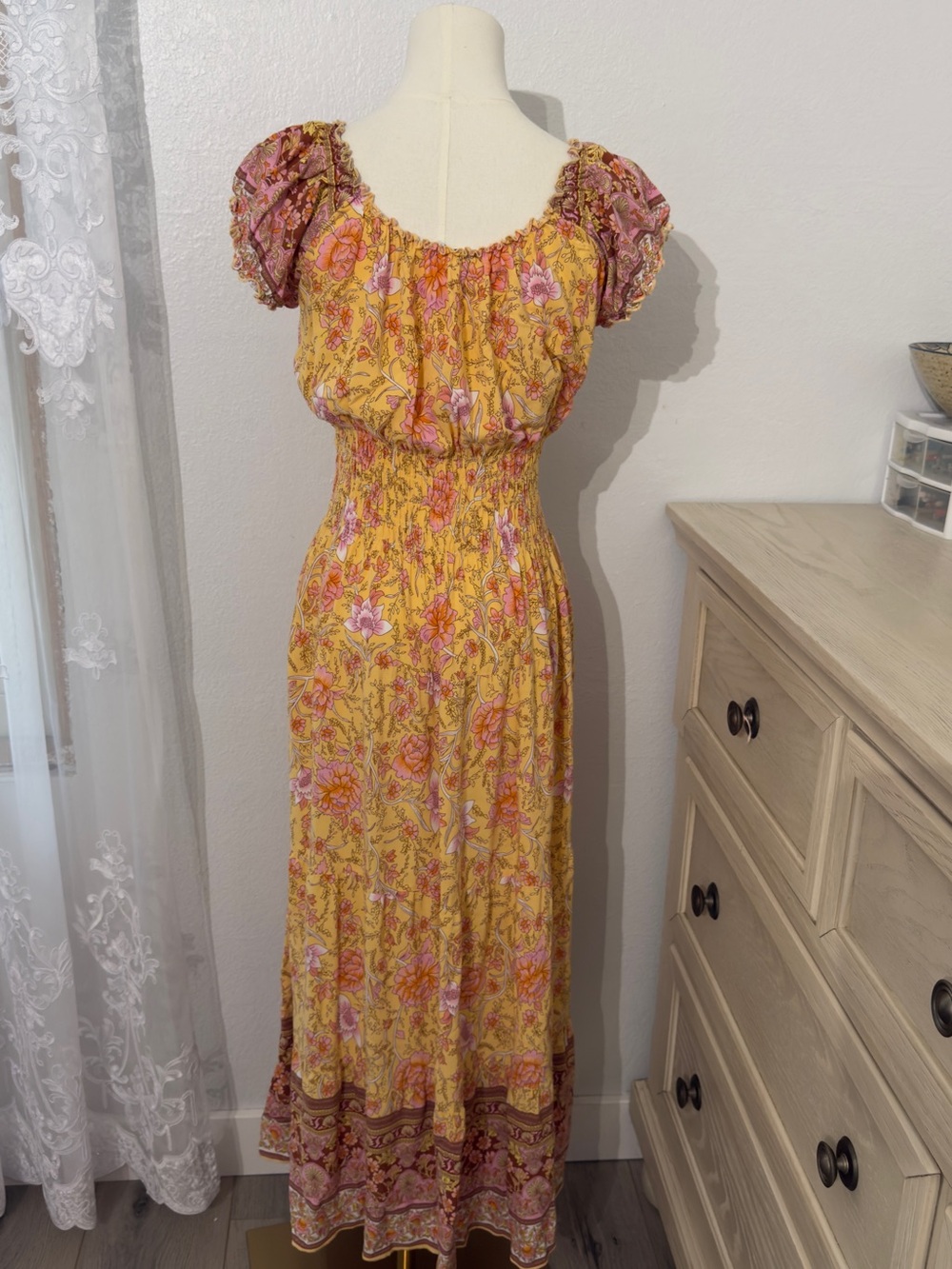 Yellow Floral Boho Maxi Dress with Smocked Waist